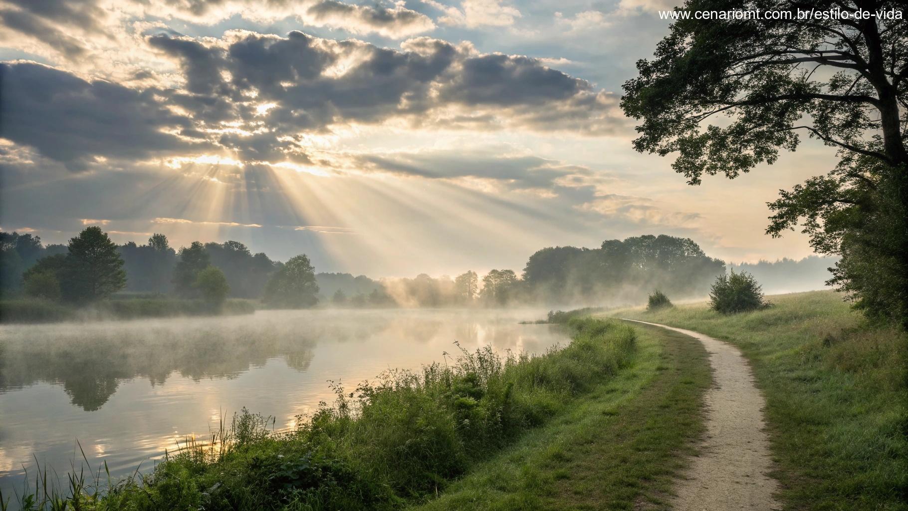 Paisagem matinal calma e espiritual com névoa suave sobre um lago tranquilo, raios de sol atravessando as nuvens e um caminho pacífico cercado pela natureza, representando reflexão e gratidão por uma quarta-feira abençoada