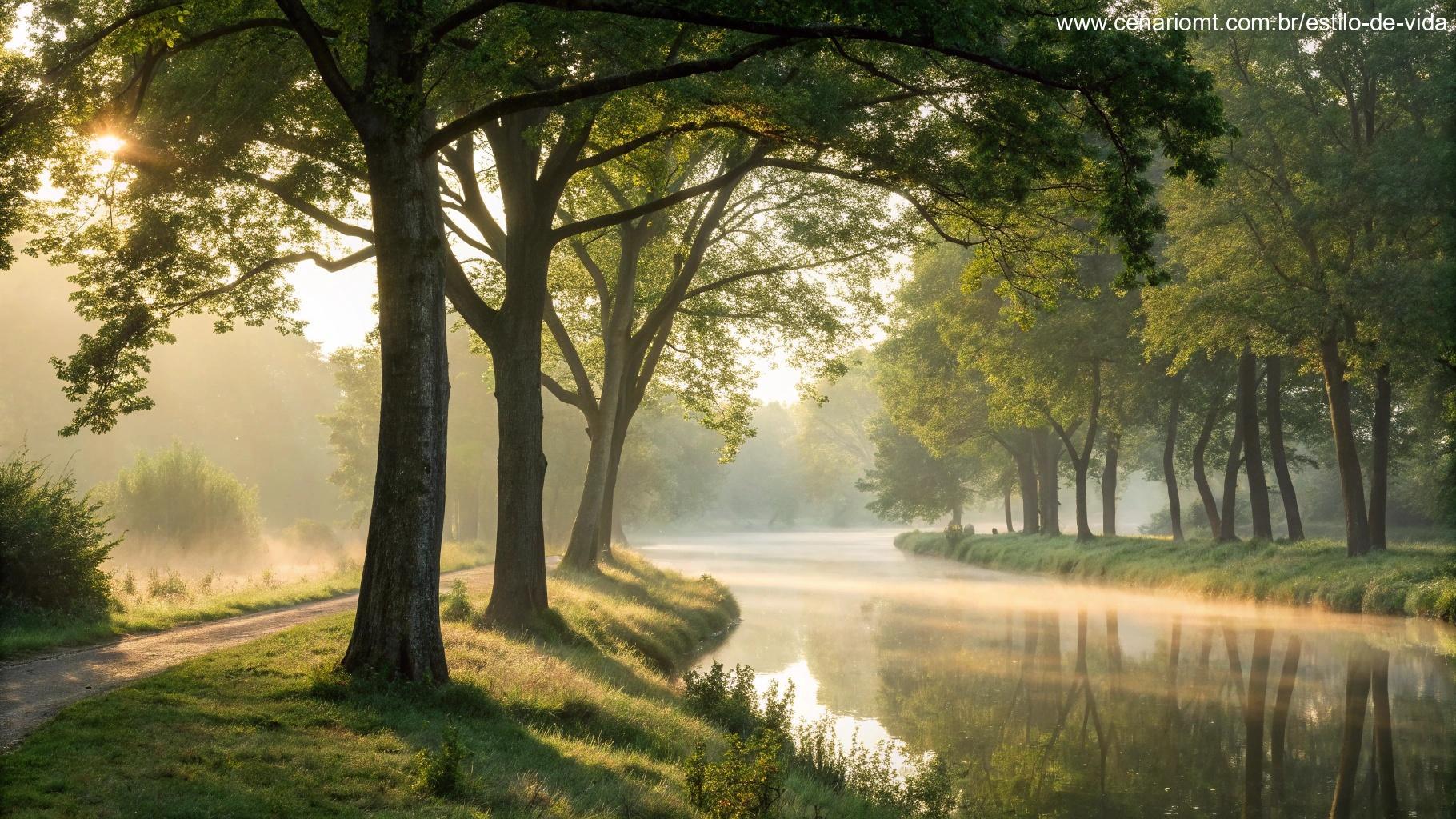 Uma visão serena da natureza com luz suave da manhã filtrando através das árvores, simbolizando reflexão, paz e prosperidade, transmitindo pensamentos positivos para um dia abençoado e próspero pela frente.