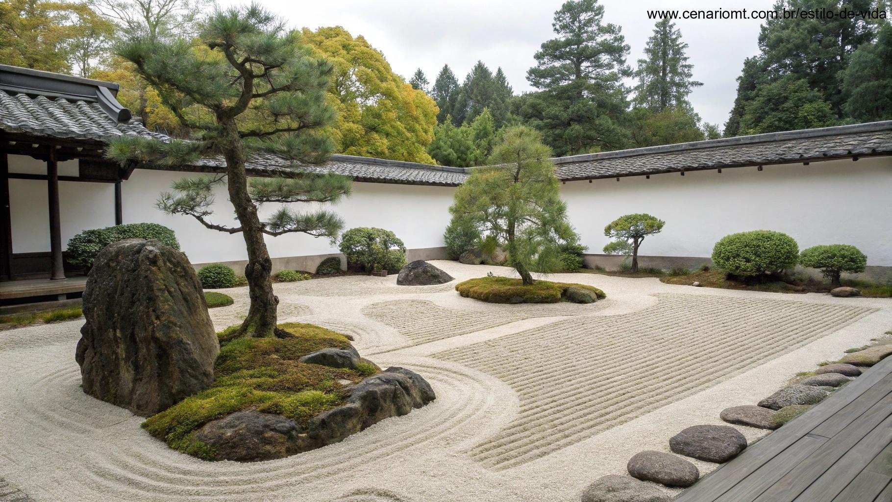 Jardim zen com padrões de areia desenhados, pedras lisas e delicados bonsais, transmitindo equilíbrio, harmonia e atenção plena