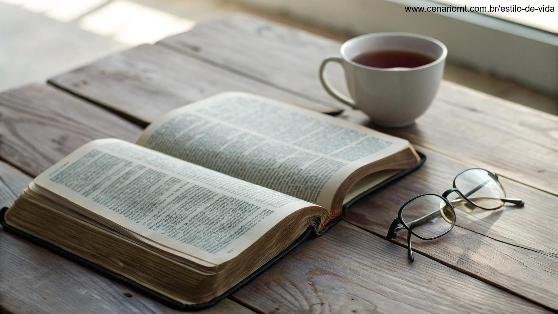 Bíblia aberta em uma mesa de madeira com luz suave iluminando as páginas, xícara de chá próxima e óculos de leitura repousando sobre o livro