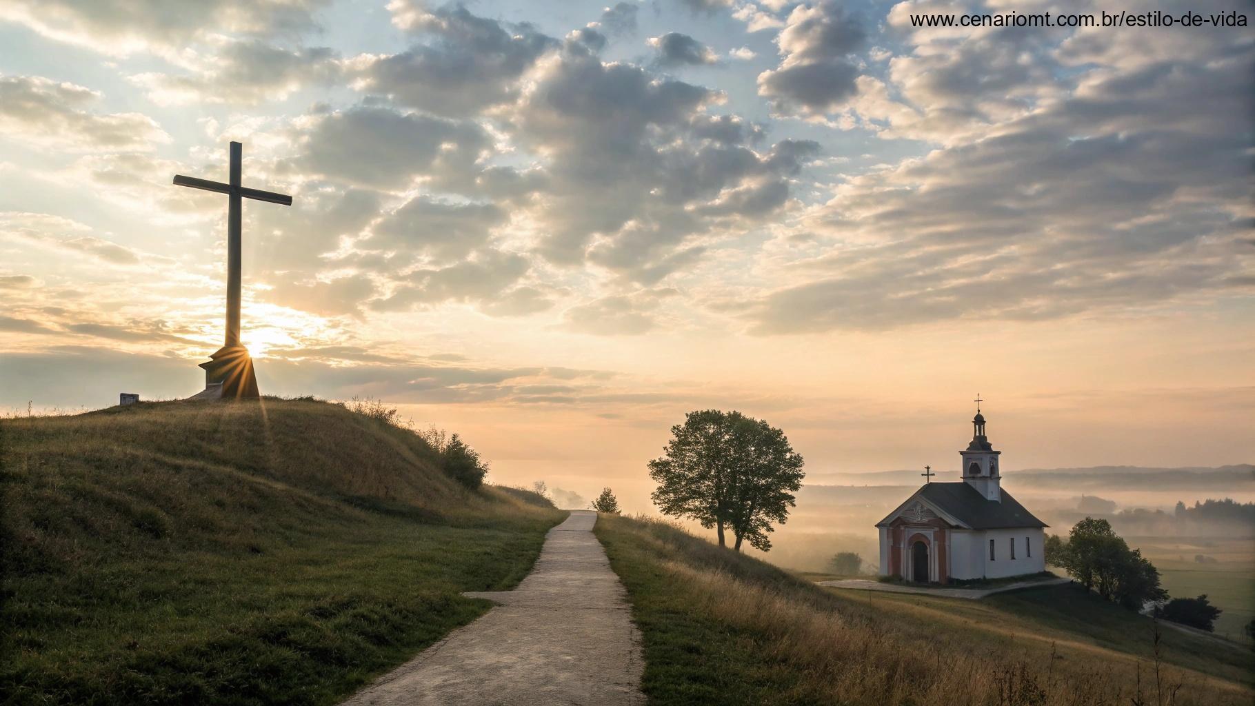 Cruz em uma colina ao nascer do sol, céu com nuvens suaves e caminho tranquilo até uma igreja ao fundo, simbolizando reflexões religiosas
