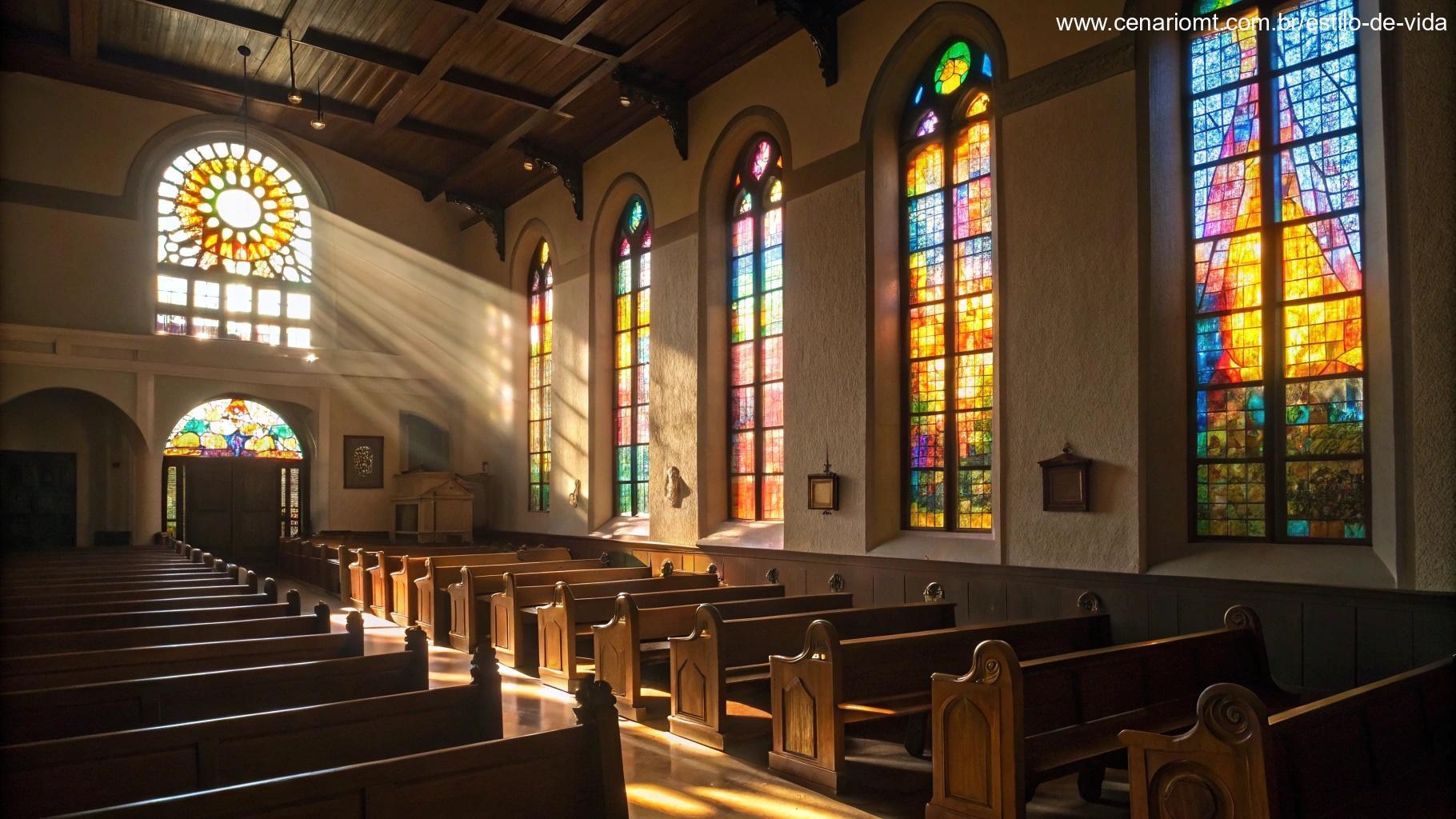 Interior tranquilo e reflexivo de uma igreja com luz suave entrando pelas janelas de vitrais.