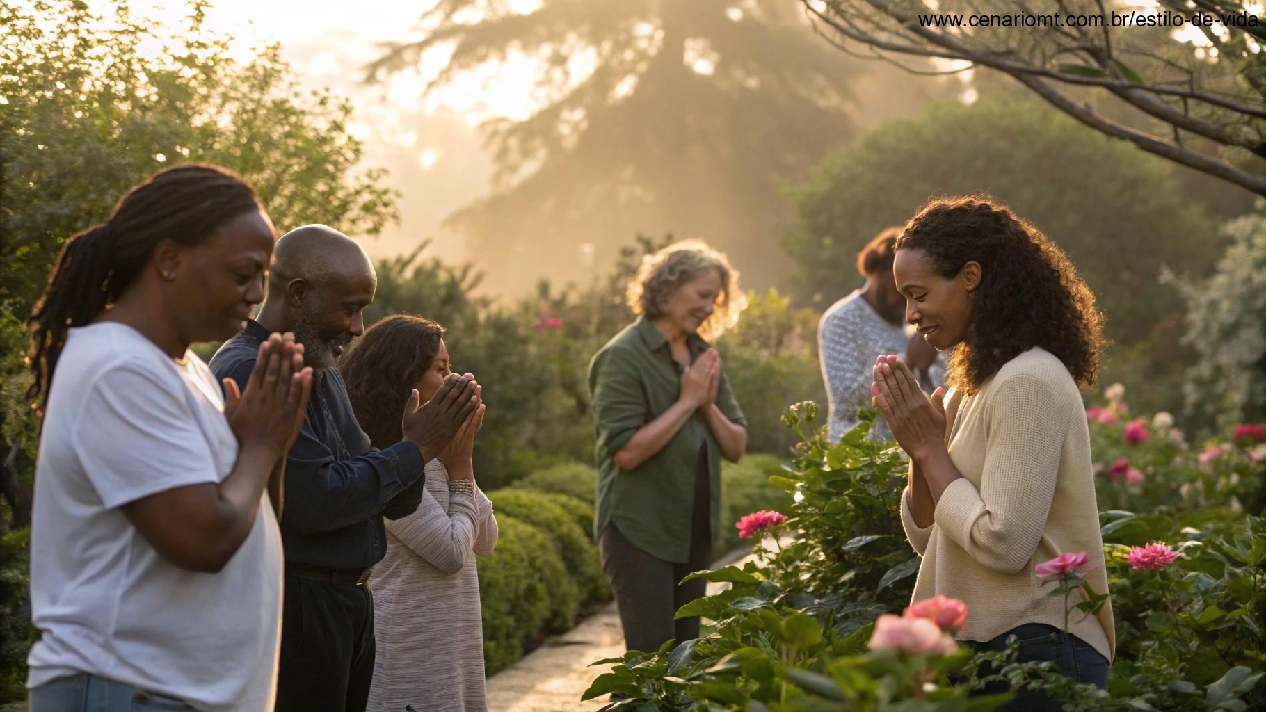Grupo de pessoas orando de mãos dadas em um jardim sereno com luz dourada