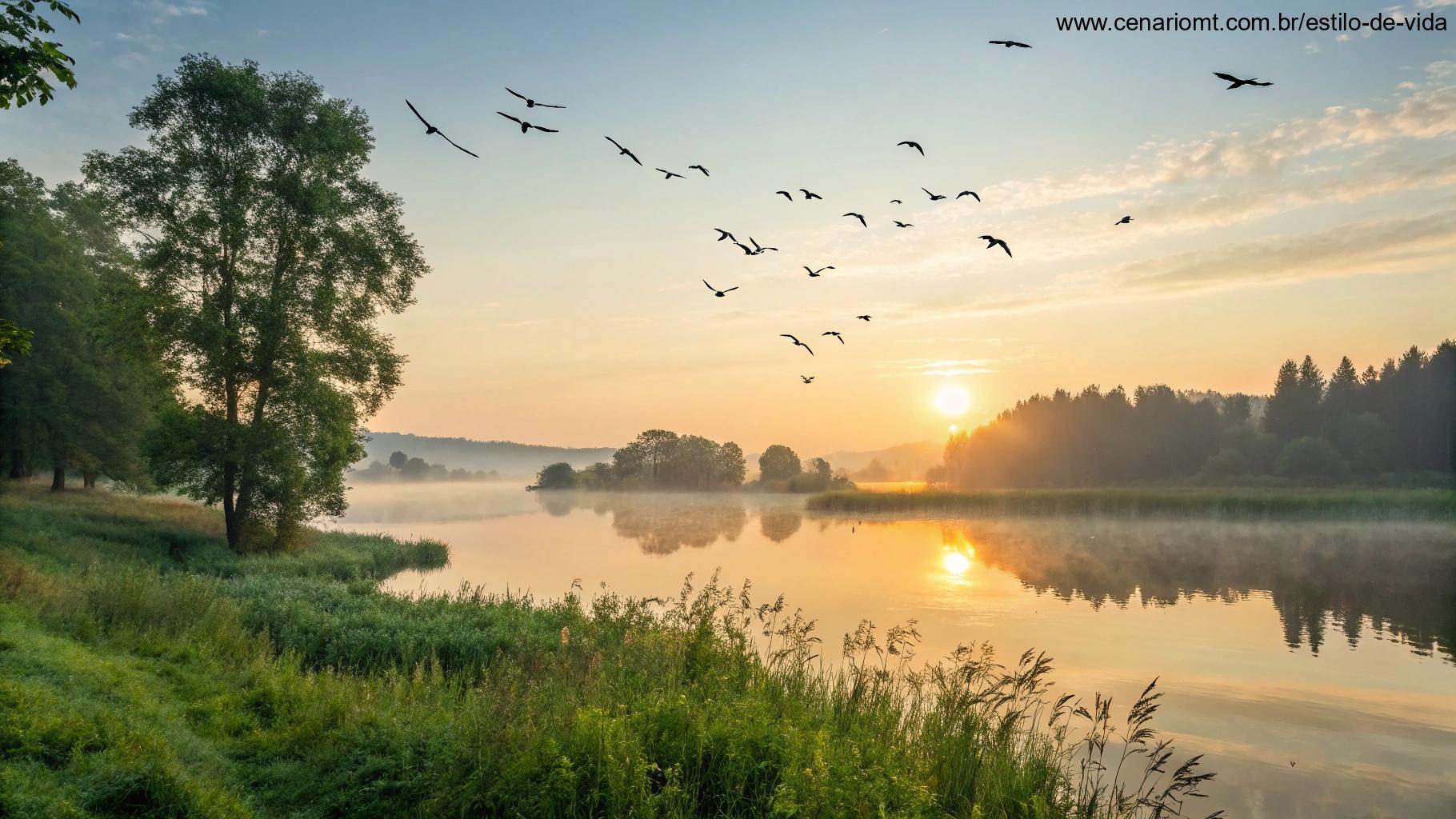 Amanhecer sereno com sol surgindo sobre um lago tranquilo, pássaros voando e vegetação fresca