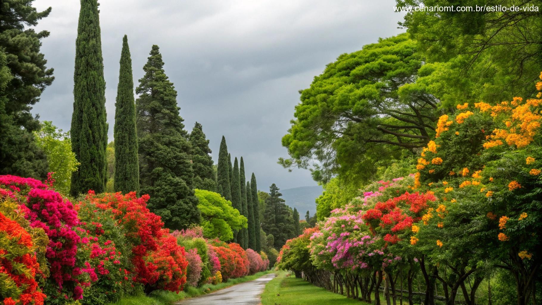 Cena vibrante com árvores verdes e flores brilhantes, simbolizando renovação e esperança