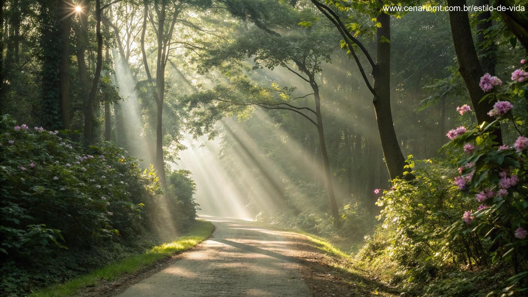 Atmosfera abençoada de sábado com luz do sol entre árvores e caminho sereno, simbolizando fé e positividade