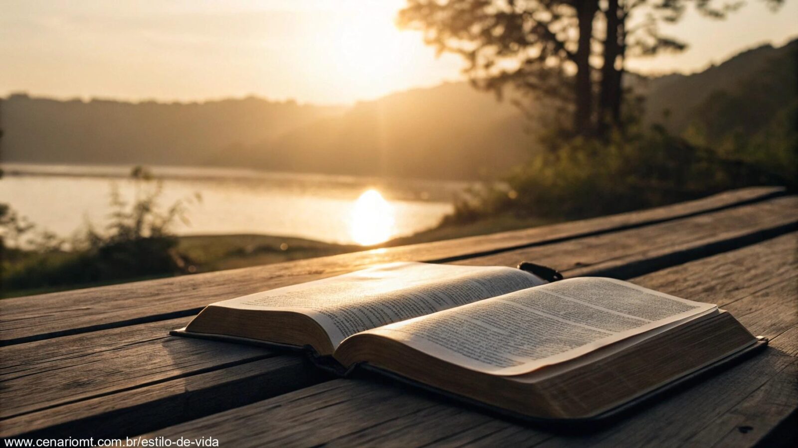 Paisagem serena ao nascer do sol simbolizando força e esperança com a palavra de Deus