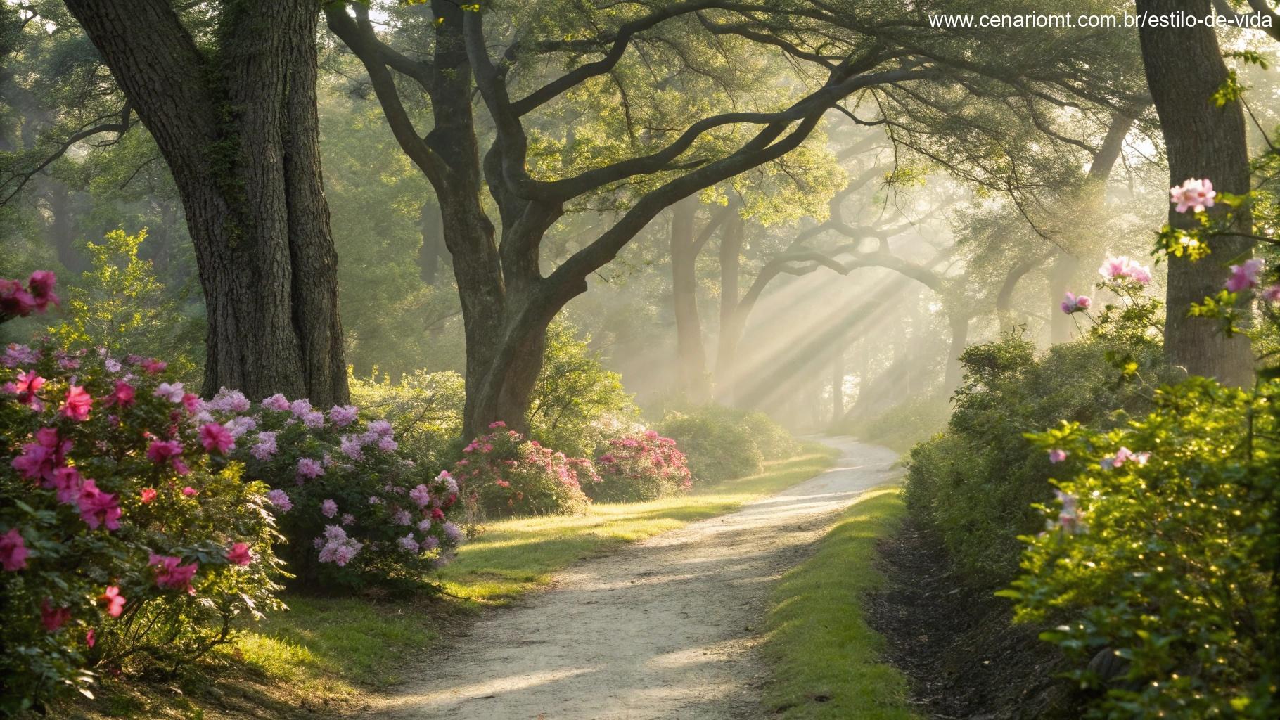 Caminho sereno cercado por natureza evocando presença divina e meditação