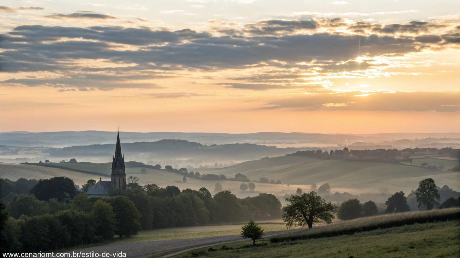 Amanhecer tranquilo sobre um campo sereno com colinas suaves e uma igreja ao fundo, simbolizando fé e esperança.
