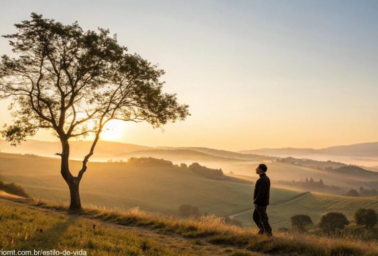 Imagem de uma paisagem campestre ao amanhecer com uma pessoa em contemplação