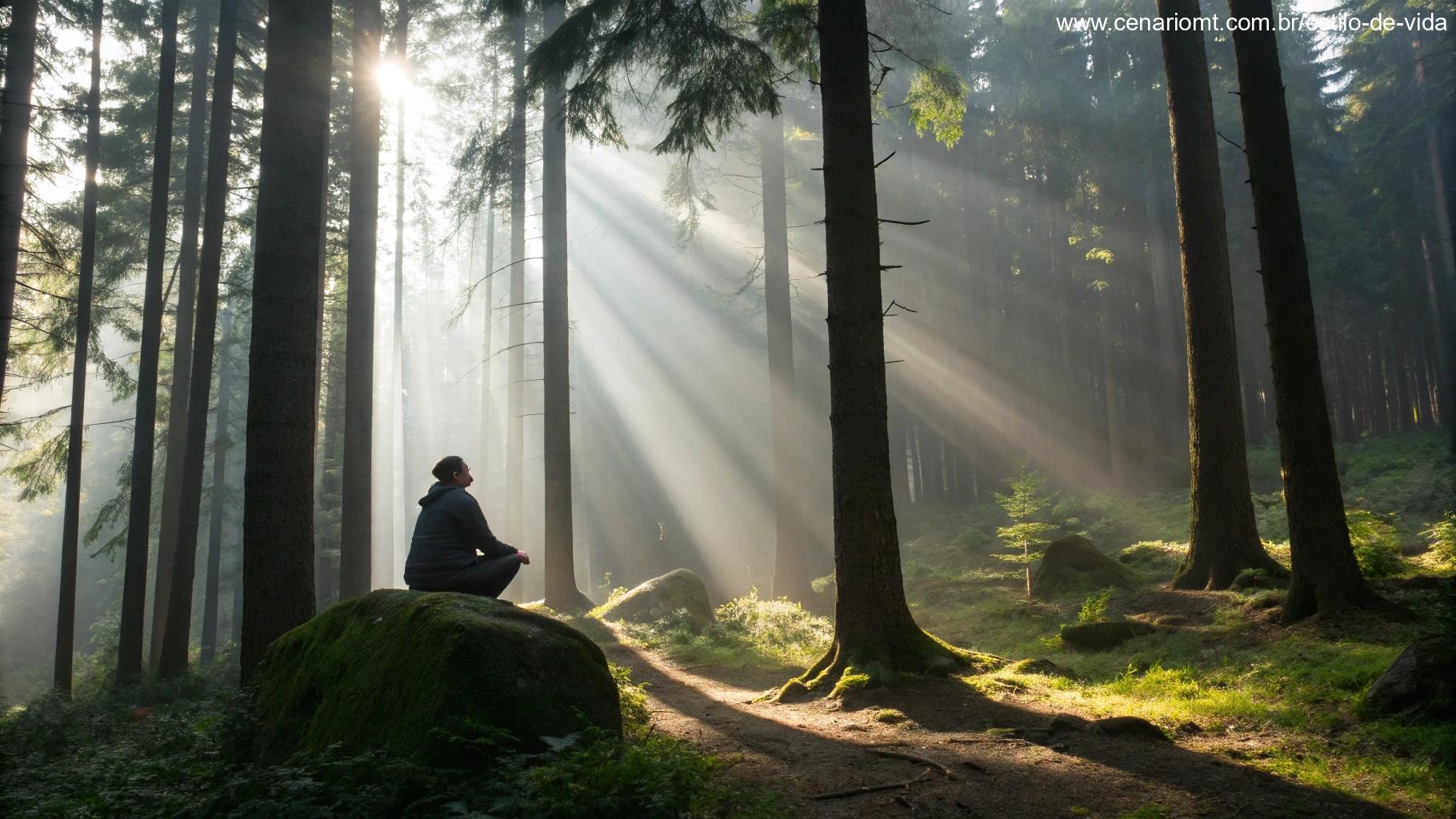 Imagem de uma pessoa meditando em uma floresta tranquila com luz suave do sol
