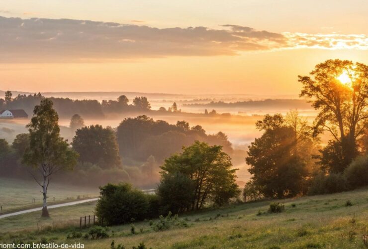 Paisagem tranquila ao amanhecer representando reflexão espiritual e esperança