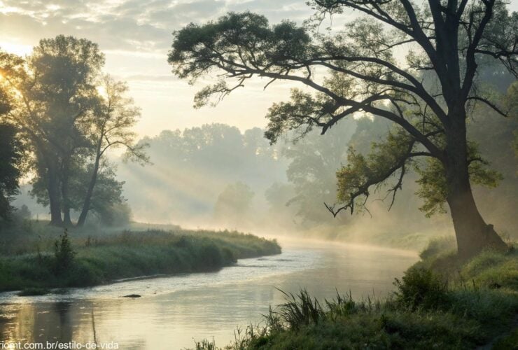 paisagem serena pela manhã com luz suave filtrando através de árvores antigas e um rio tranquilo fluindo suavemente, simbolizando reflexão espiritual e orientação divina