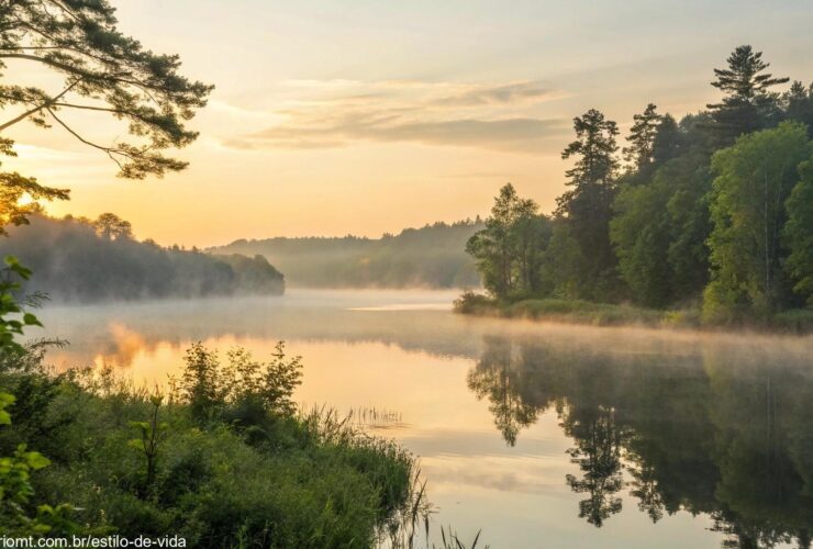 Uma paisagem serena de um nascer do sol sobre um lago tranquilo cercado por árvores verdes, com luz suave refletindo na água calma e névoa matinal