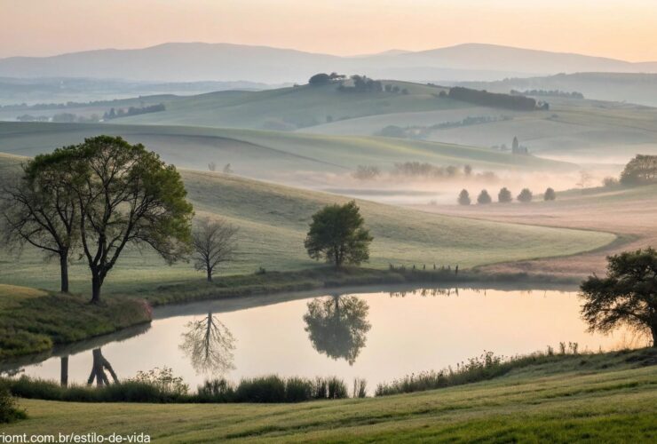 Paisagem serena e pacífica refletindo calma e tranquilidade, com luz suave e cores suaves, simbolizando um momento de reflexão para quarta-feira, 14/05/2025.