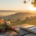 Nascer do sol sereno sobre o campo com uma Bíblia aberta em uma mesa de madeira, rodeada por flores, representando um novo começo e reflexão espiritual para segunda-feira, 12 de maio de 2025