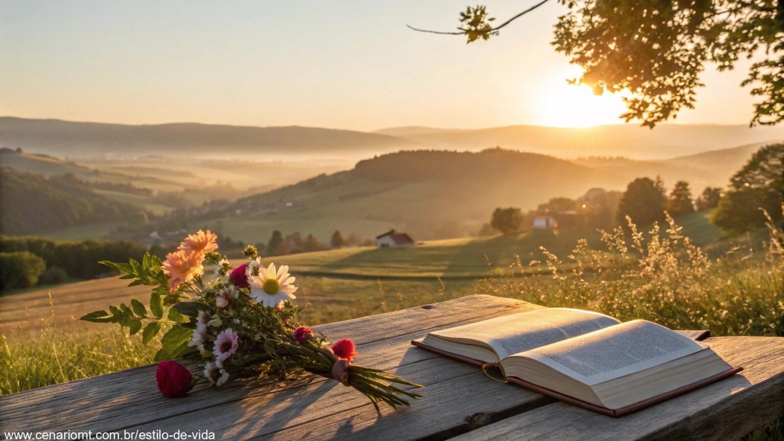 Nascer do sol sereno sobre o campo com uma Bíblia aberta em uma mesa de madeira, rodeada por flores, representando um novo começo e reflexão espiritual para segunda-feira, 12 de maio de 2025