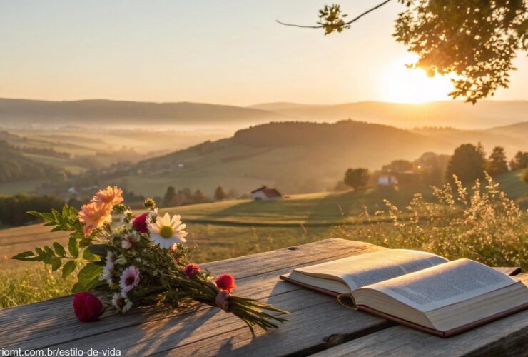 Nascer do sol sereno sobre o campo com uma Bíblia aberta em uma mesa de madeira, rodeada por flores, representando um novo começo e reflexão espiritual para segunda-feira, 12 de maio de 2025
