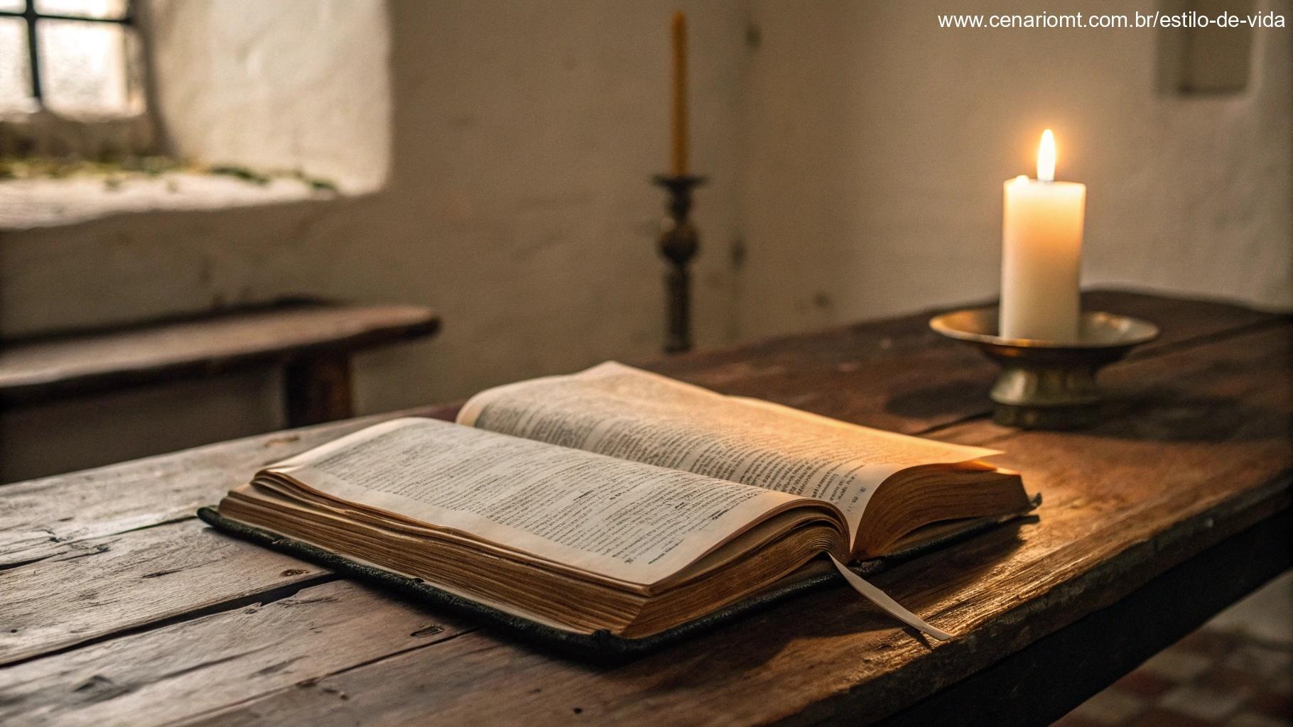 Livro antigo aberto com páginas envelhecidas em uma mesa de madeira, cercado por luz de vela e um brilho suave