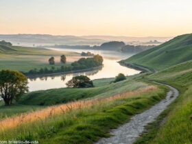 Paisagem serena ao amanhecer com colinas verdes, um rio calmo refletindo a luz suave da manhã e um caminho em direção ao horizonte