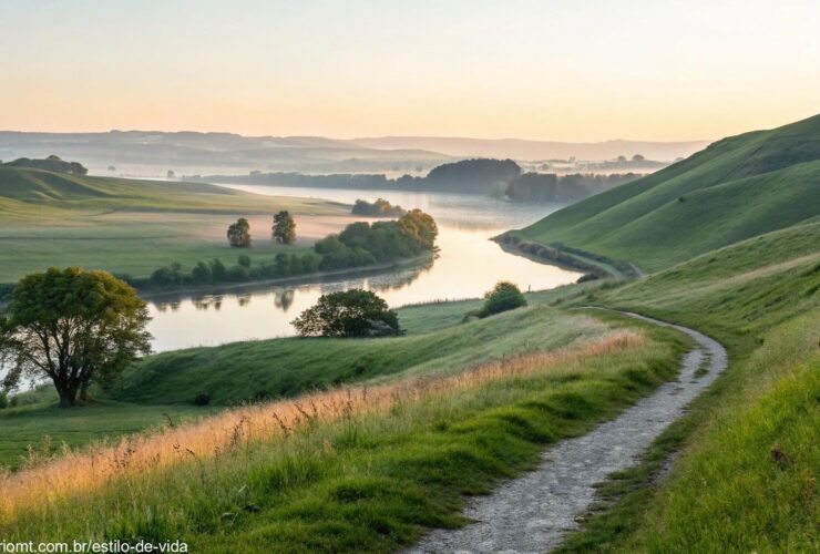 Paisagem serena ao amanhecer com colinas verdes, um rio calmo refletindo a luz suave da manhã e um caminho em direção ao horizonte