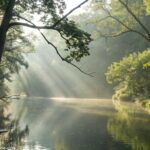 Imagem representando a reflexão sobre o Salmo do Dia, com foco em oração e tranquilidade, luz do sol filtrada entre as árvores