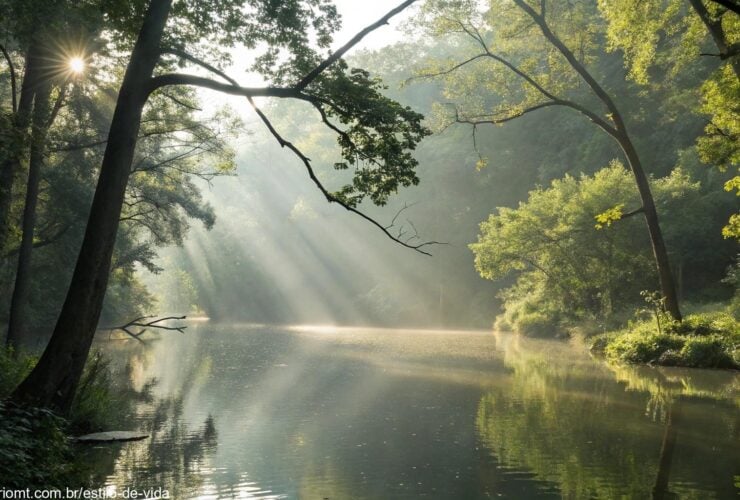 Imagem representando a reflexão sobre o Salmo do Dia, com foco em oração e tranquilidade, luz do sol filtrada entre as árvores
