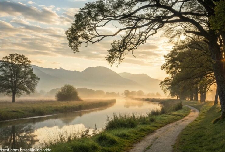 Paisagem serena ao amanhecer com luz dourada suave filtrando através de árvores antigas, um rio tranquilo refletindo o céu e um caminho em direção a montanhas distantes