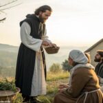 Imagem de um santo católico realizando um ato de caridade em um cenário campestre