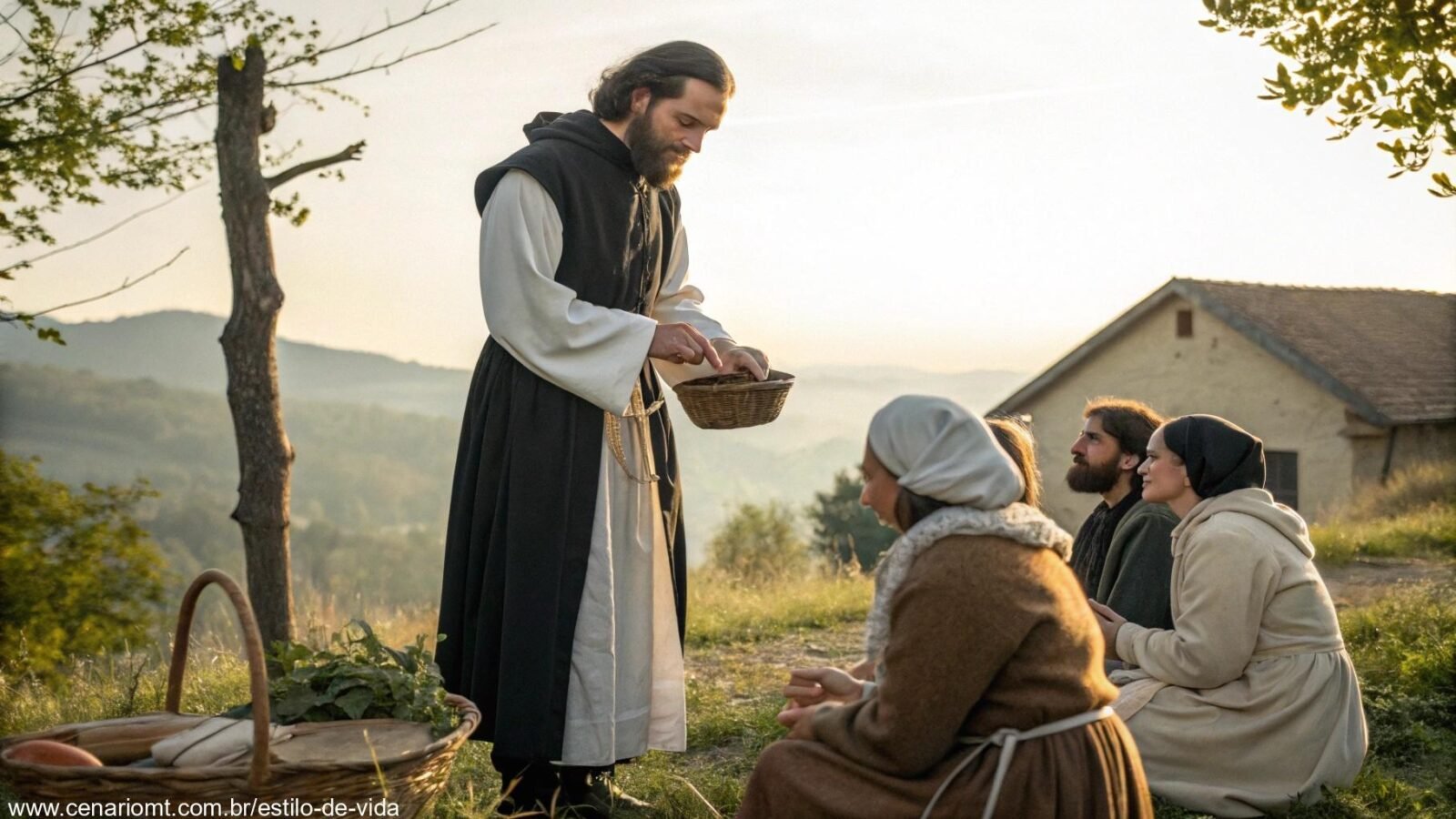 Imagem de um santo católico realizando um ato de caridade em um cenário campestre
