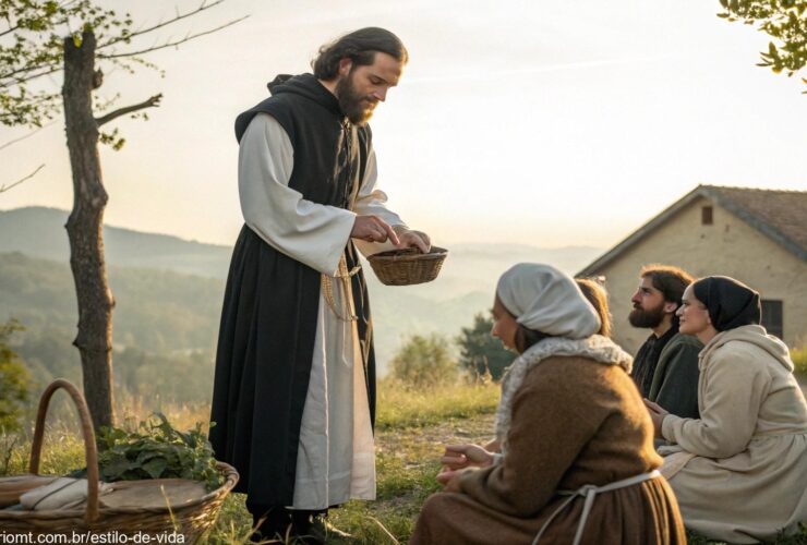 Imagem de um santo católico realizando um ato de caridade em um cenário campestre