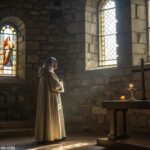 Imagem de um santo sereno em uma capela iluminada pela luz da manhã