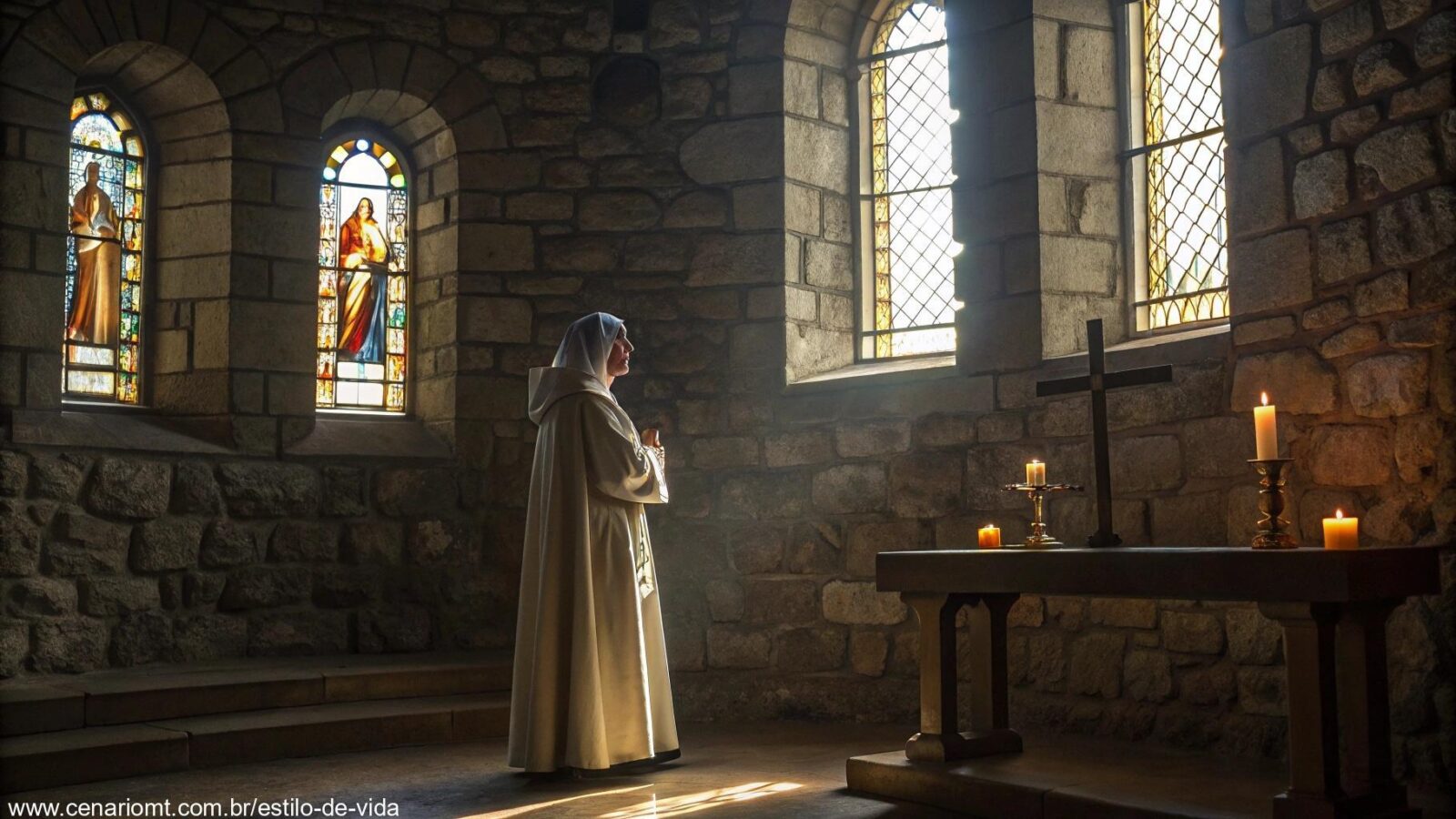 Imagem de um santo sereno em uma capela iluminada pela luz da manhã