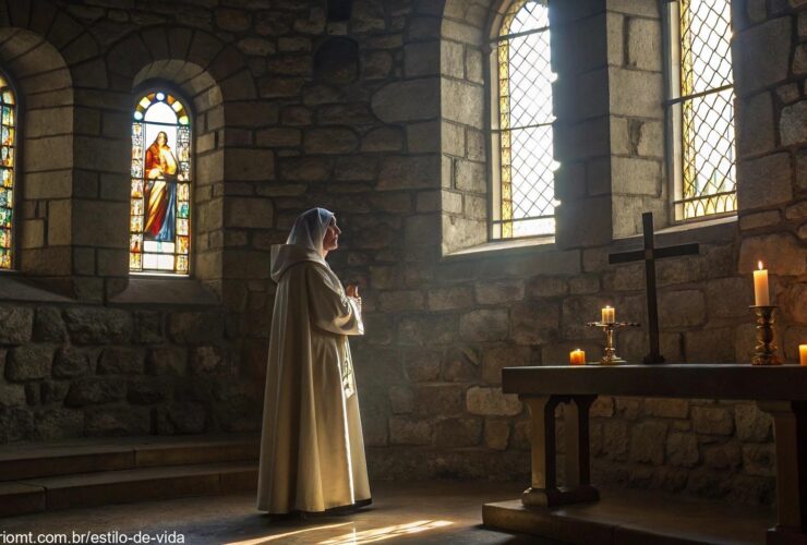 Imagem de um santo sereno em uma capela iluminada pela luz da manhã