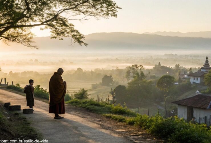 Imagem de um monge ajudando pessoas humildes em uma paisagem serena ao amanhecer