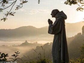 Ilustração serena de um santo simbolizando coragem e devoção, com vestes simples, mãos em oração e cercado pela natureza