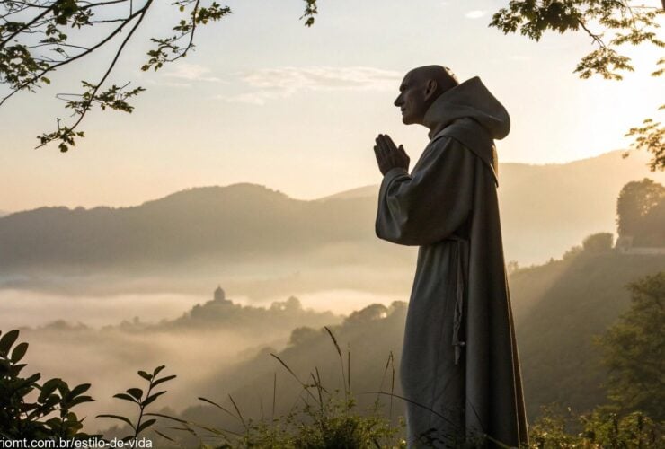Ilustração serena de um santo simbolizando coragem e devoção, com vestes simples, mãos em oração e cercado pela natureza