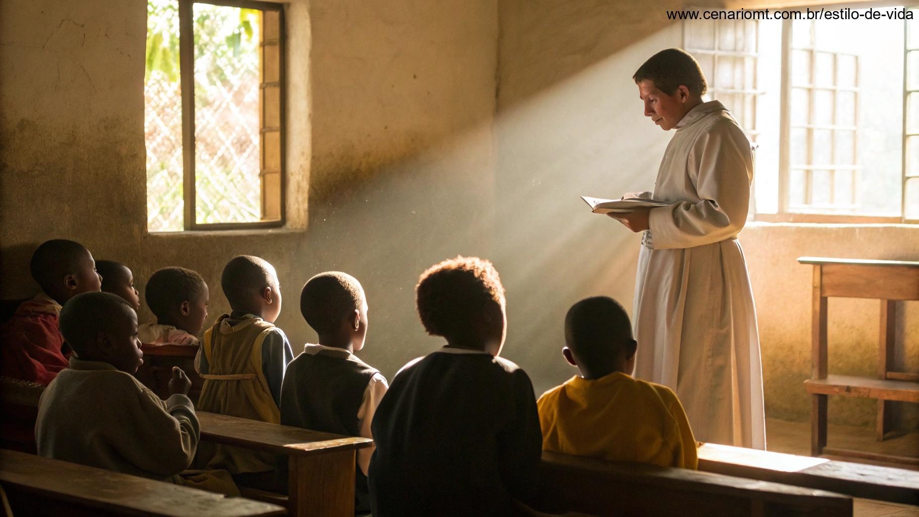 Ilustração de São João Baptista de La Salle ensinando crianças em uma sala de aula simples, transmitindo dedicação à educação