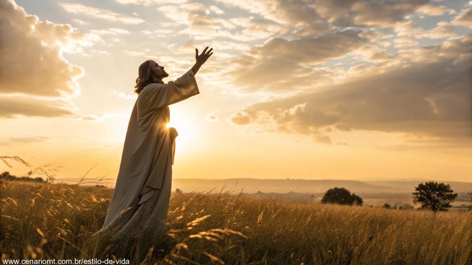 Santo em campo dourado ao nascer do sol, com mãos levantadas em bênção