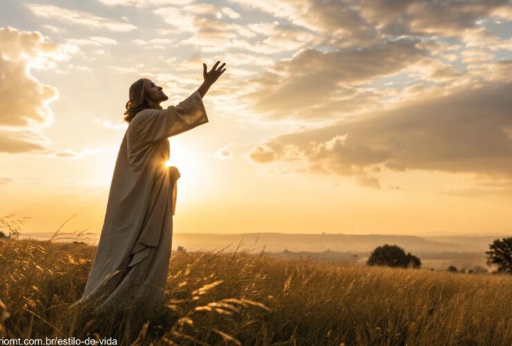 Santo em campo dourado ao nascer do sol, com mãos levantadas em bênção