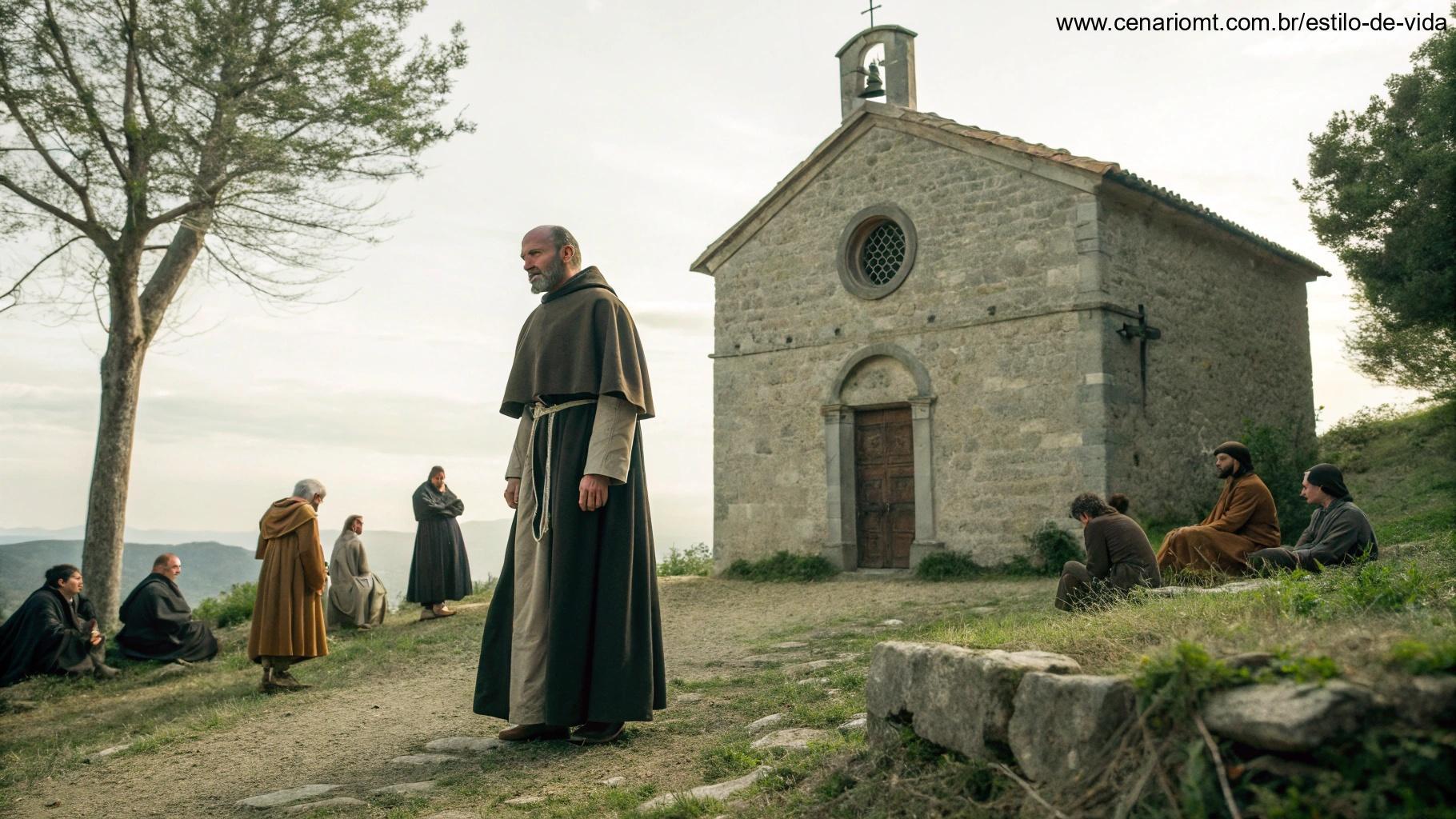 Imagem de um monge medieval entre pobres representando justiça e compaixão
