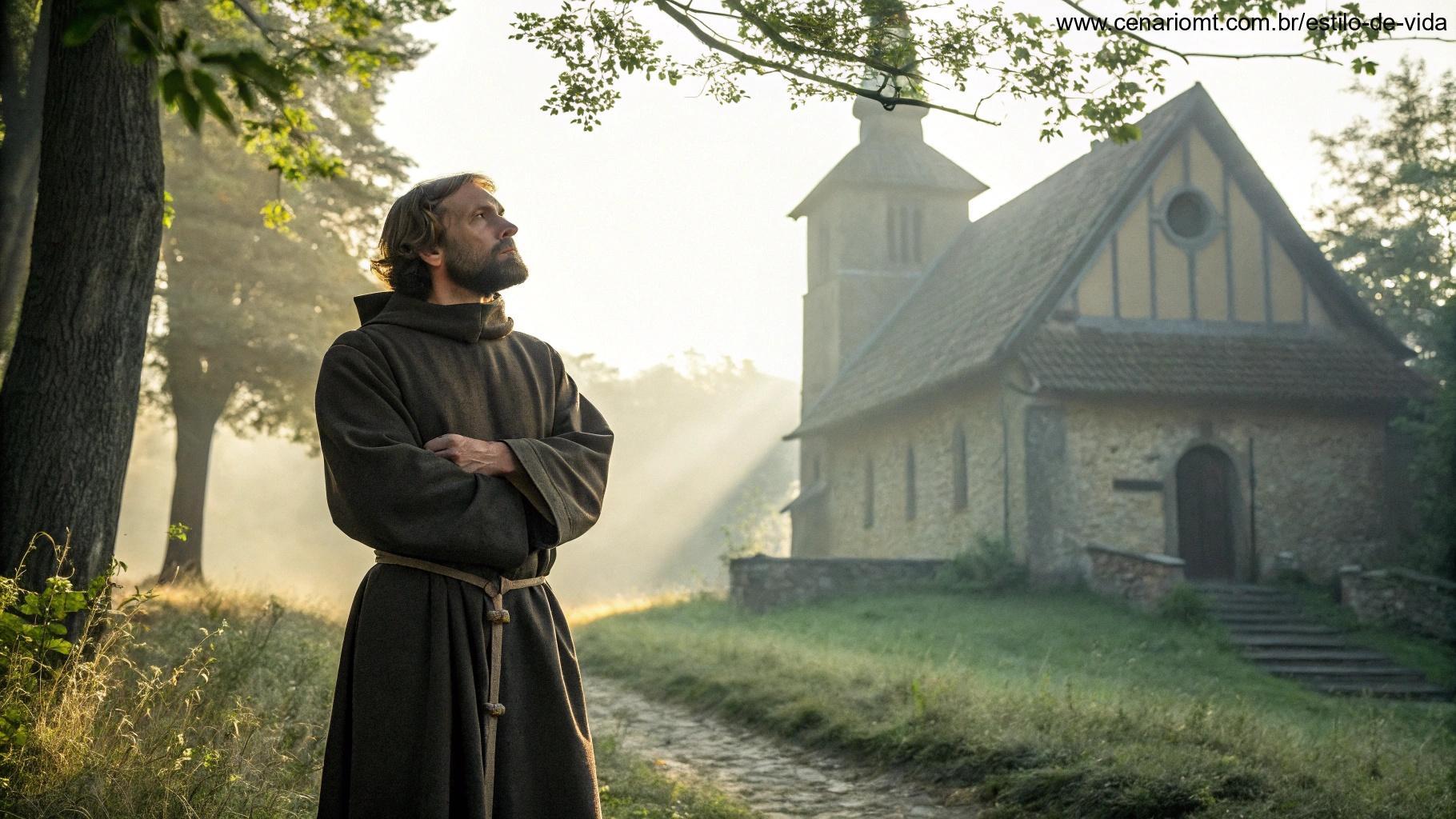 Imagem de São Flávio com expressão serena próximo a uma igreja rústica
