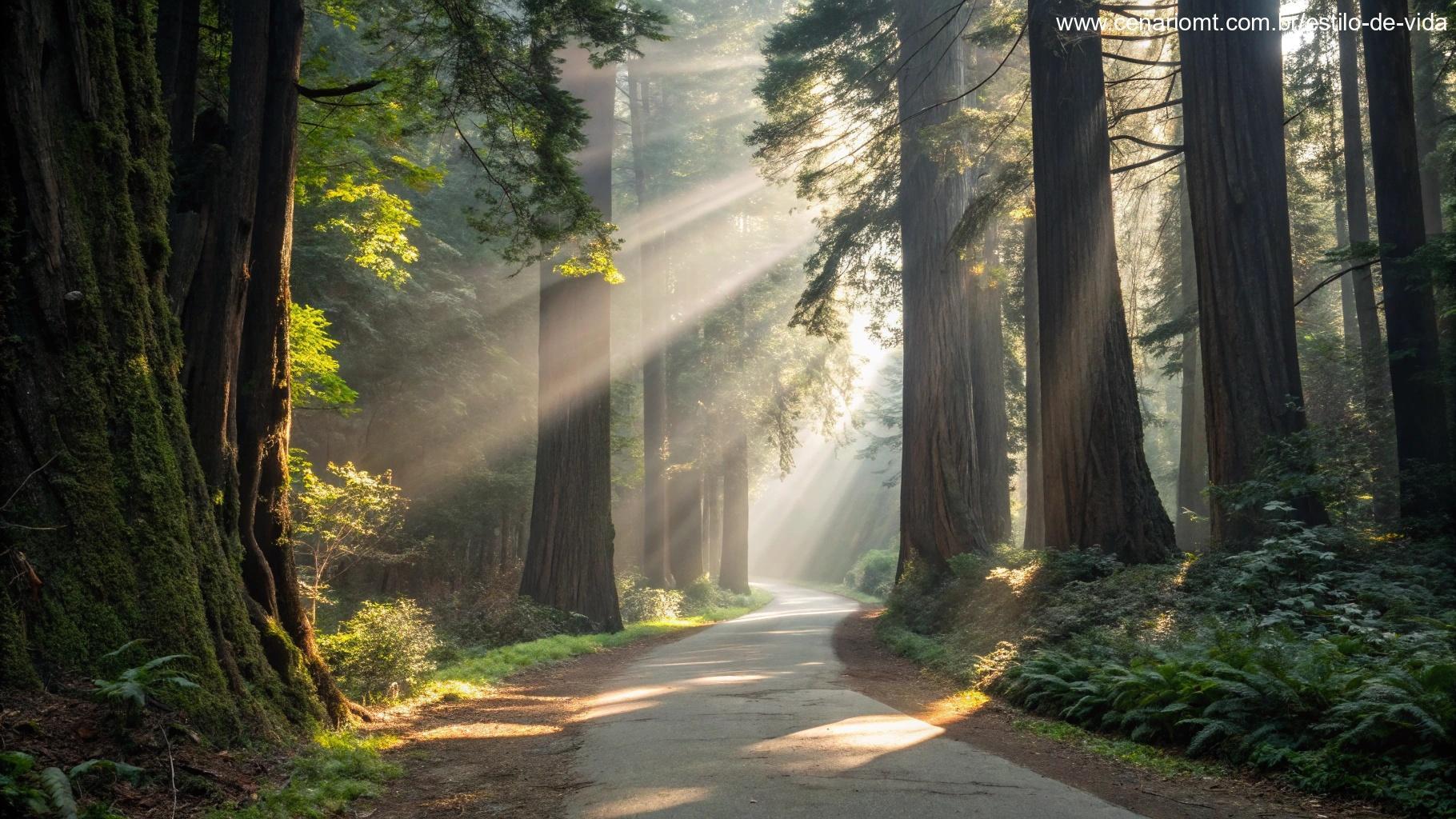 Caminho tranquilo por uma floresta iluminada pelo sol, com raios de luz entre as árvores, criando uma atmosfera serena