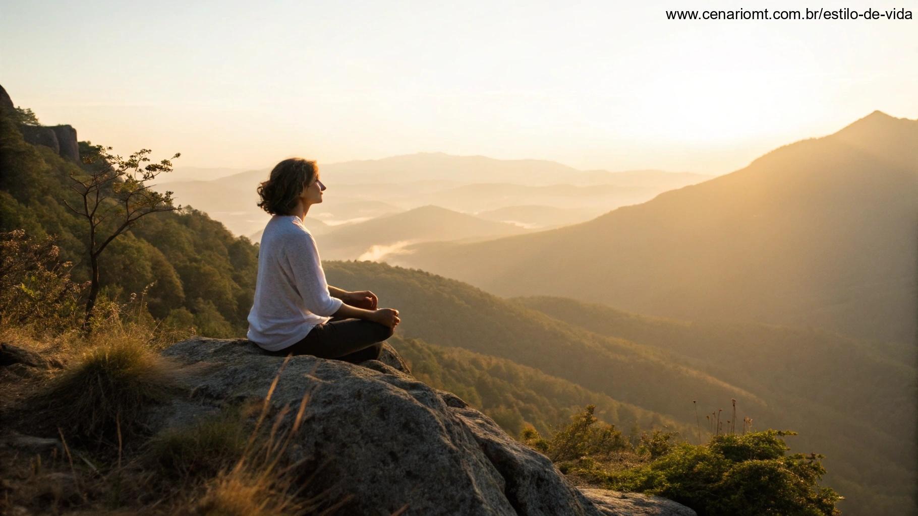 Pessoa meditando no topo de uma montanha ao amanhecer, cercada por uma paisagem tranquila e luz dourada suave