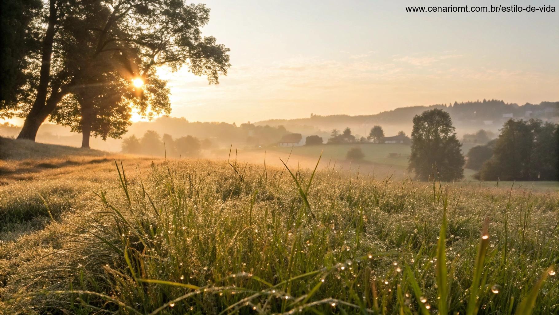 Paisagem natural tranquila ao amanhecer com luz dourada suave e presença divina