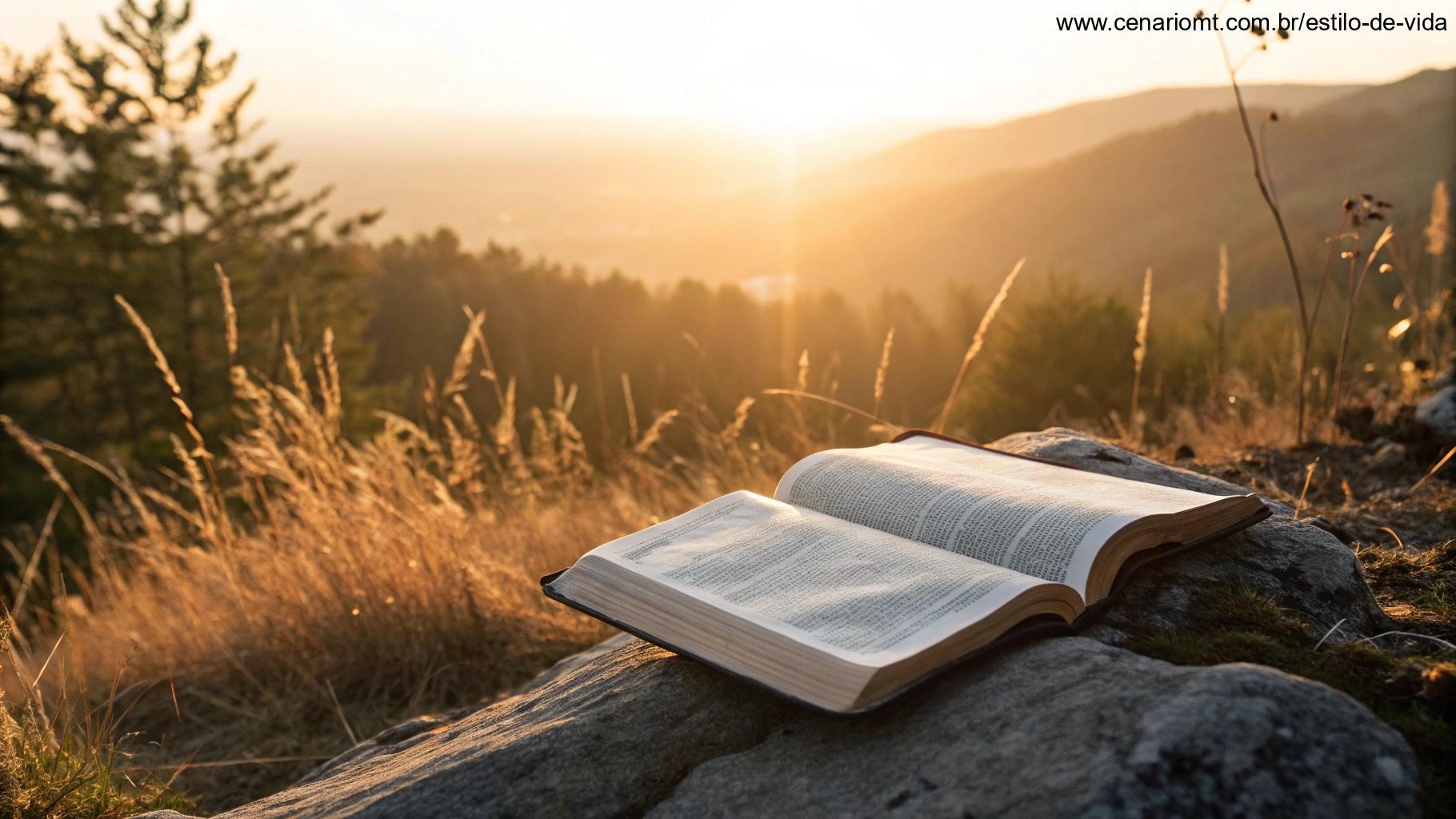 Imagem inspiradora de uma Bíblia sobre uma pedra ao nascer do sol, simbolizando inspiração divina