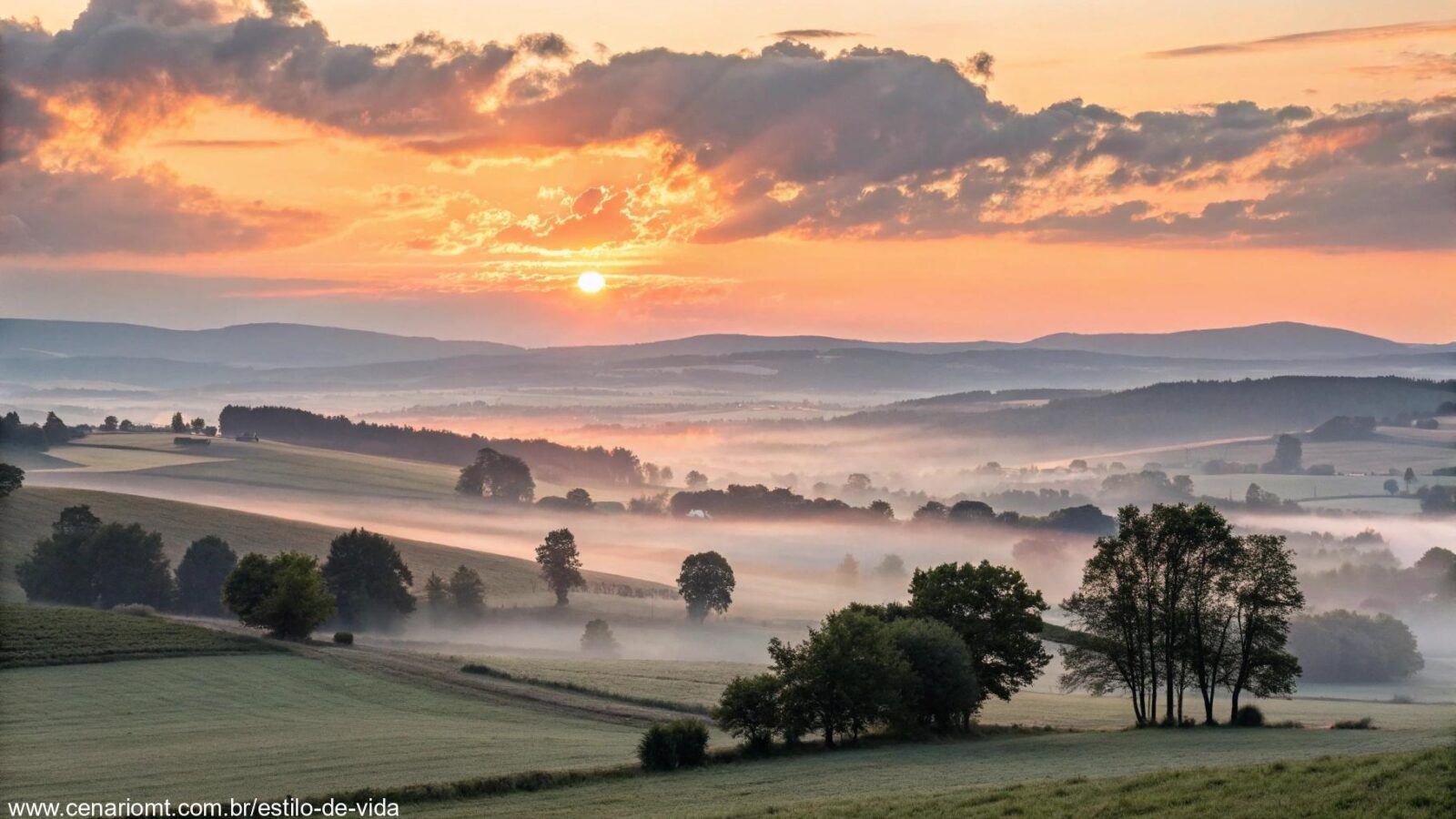 Amanhecer sereno no campo representando força e paz espiritual