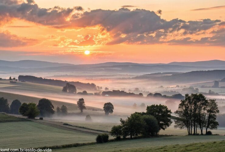 Amanhecer sereno no campo representando força e paz espiritual