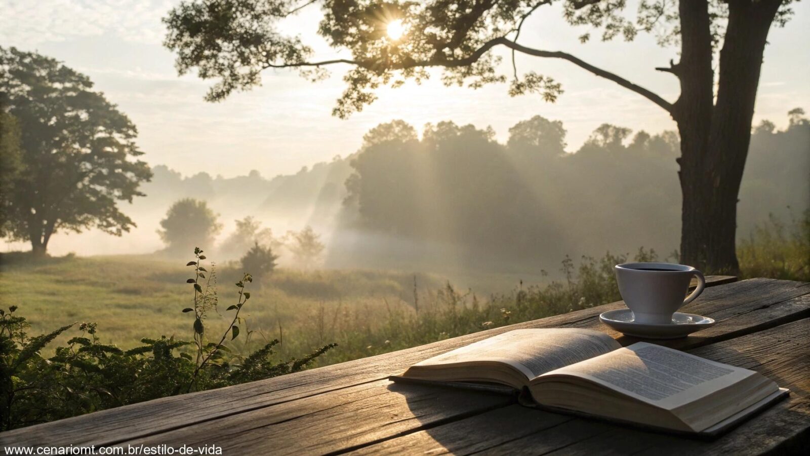 Imagem de uma paisagem matinal serena com uma Bíblia aberta sobre uma mesa de madeira e uma xícara de café ao lado, simbolizando o versículo do dia 12/05/2025: Palavra de Fé e Reflexão para Começar a Semana