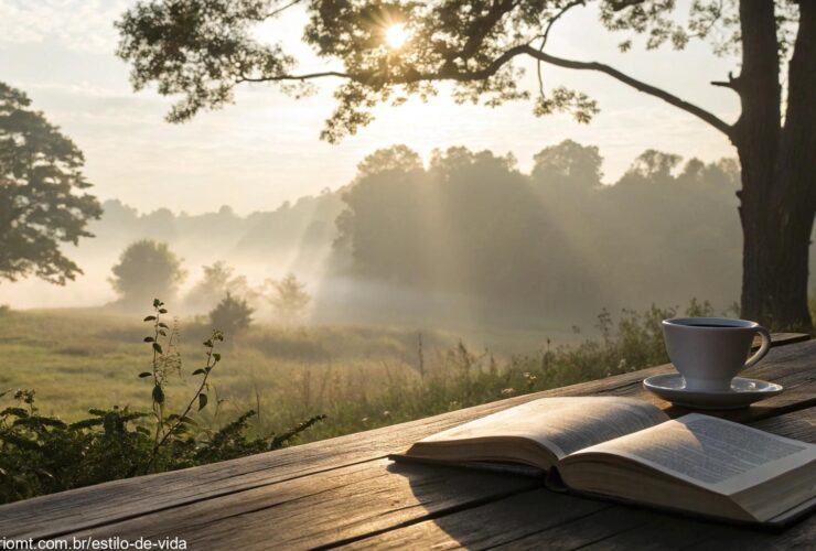 Imagem de uma paisagem matinal serena com uma Bíblia aberta sobre uma mesa de madeira e uma xícara de café ao lado, simbolizando o versículo do dia 12/05/2025: Palavra de Fé e Reflexão para Começar a Semana